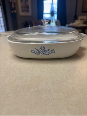 Vintage Corningware White and Blue Floral Covered Casserole 10 inch Dish